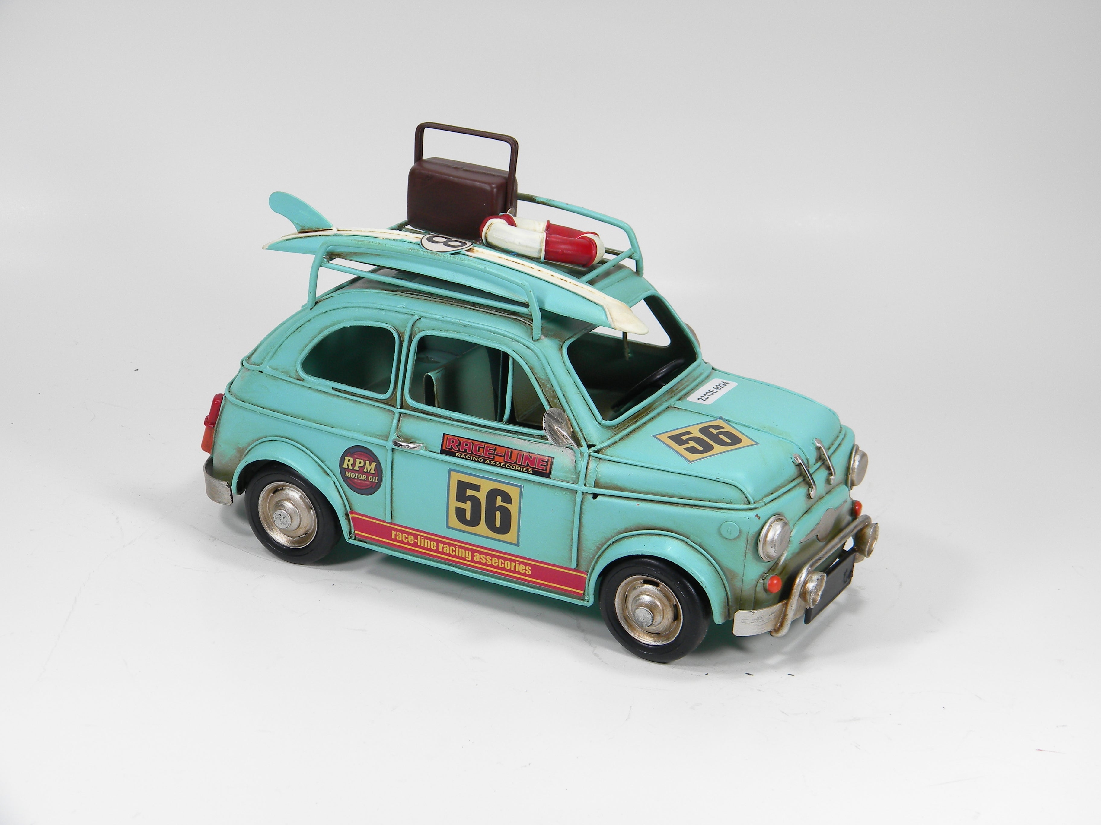 Aqua Blue Mini Coop with Surfboards – Handmade Metal Collectible