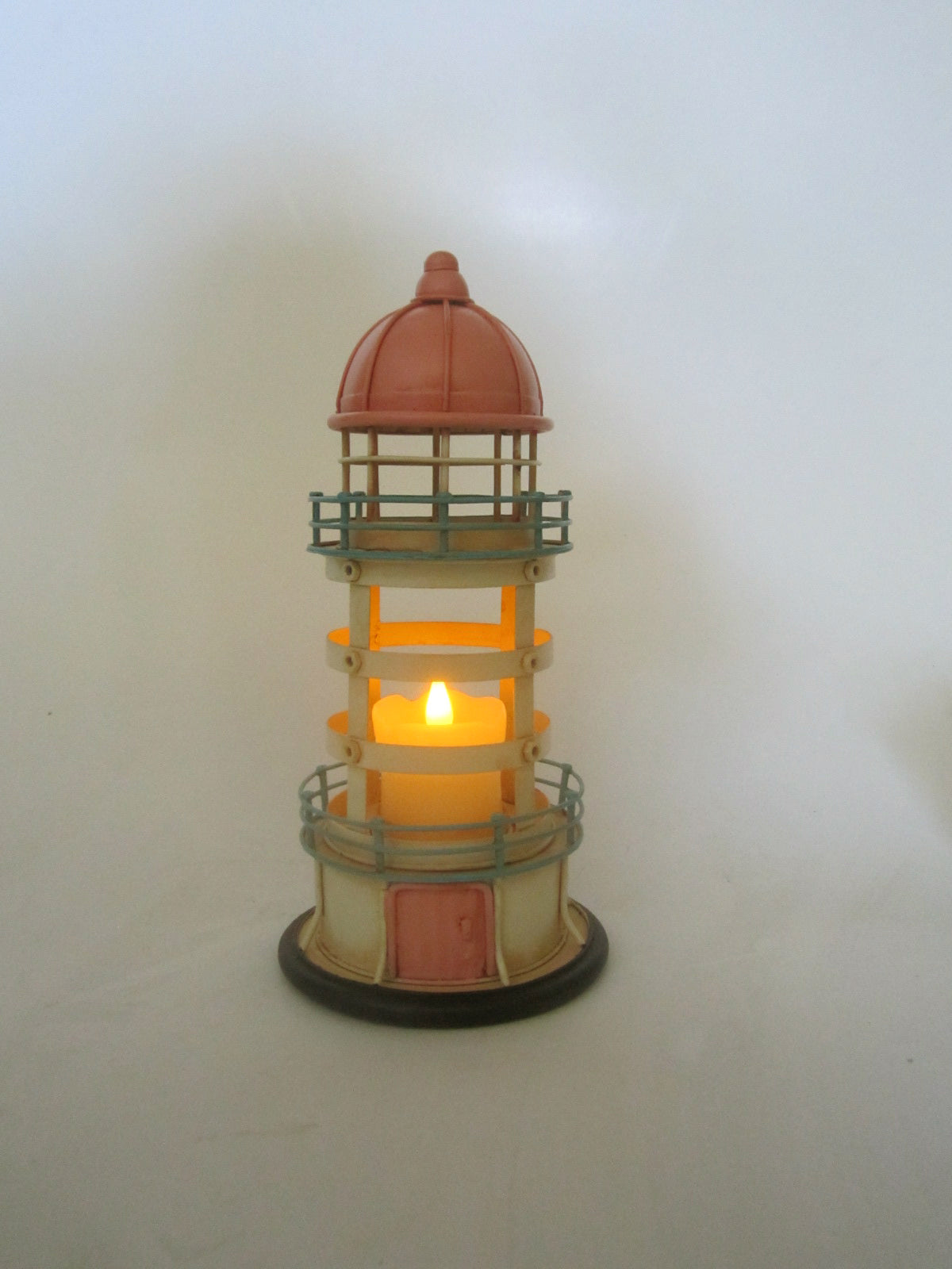 Handmade Pastel Lighthouse Metal Candle Holder – Nautical Coastal Decor