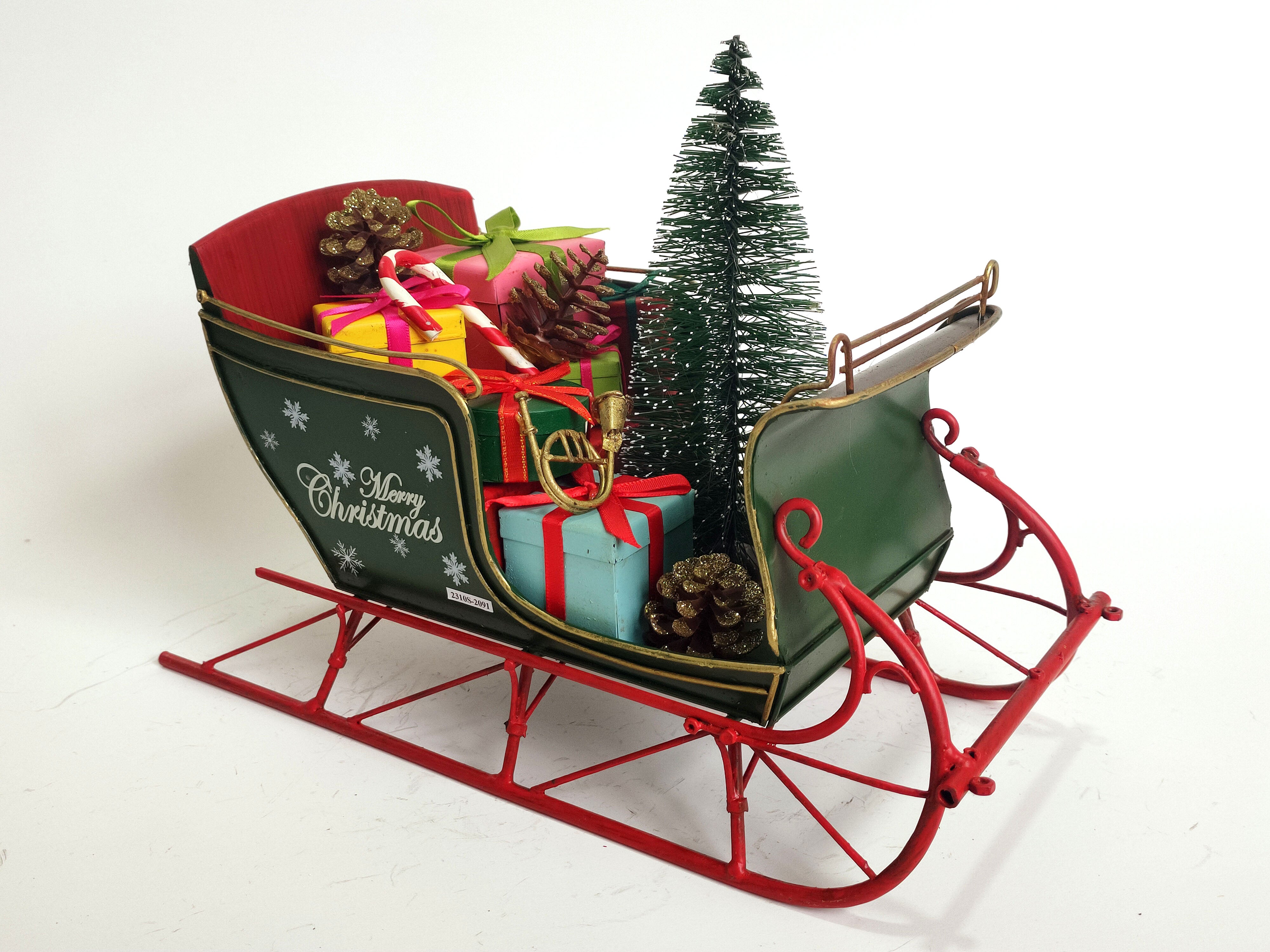 Large Vintage Metal Santa's Sleigh with Tree and Presents - Christmas Decoration - Red & Green