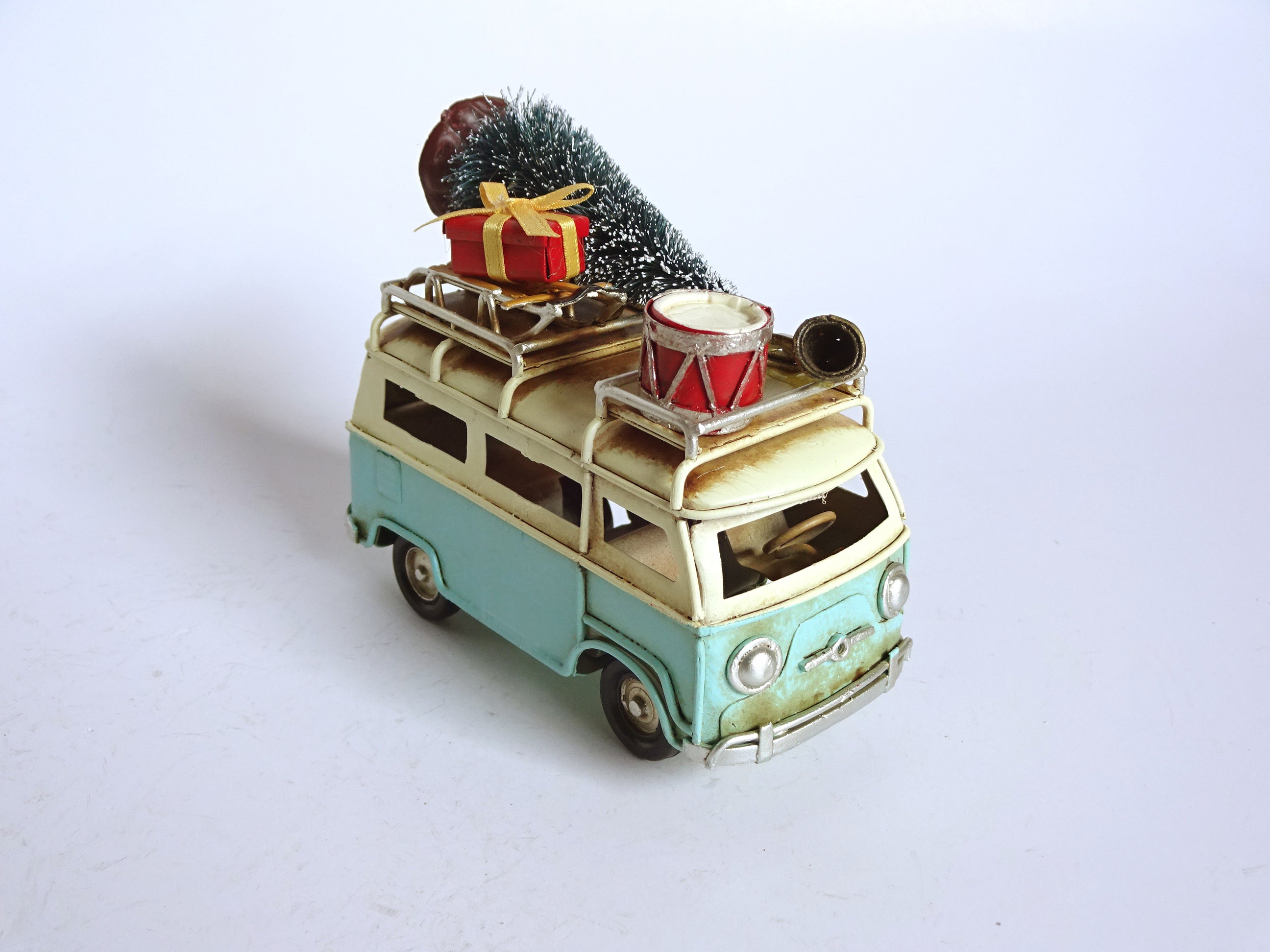 Small Vintage Metal Bus with Tree on Top Christmas Decoration Red & Blue
