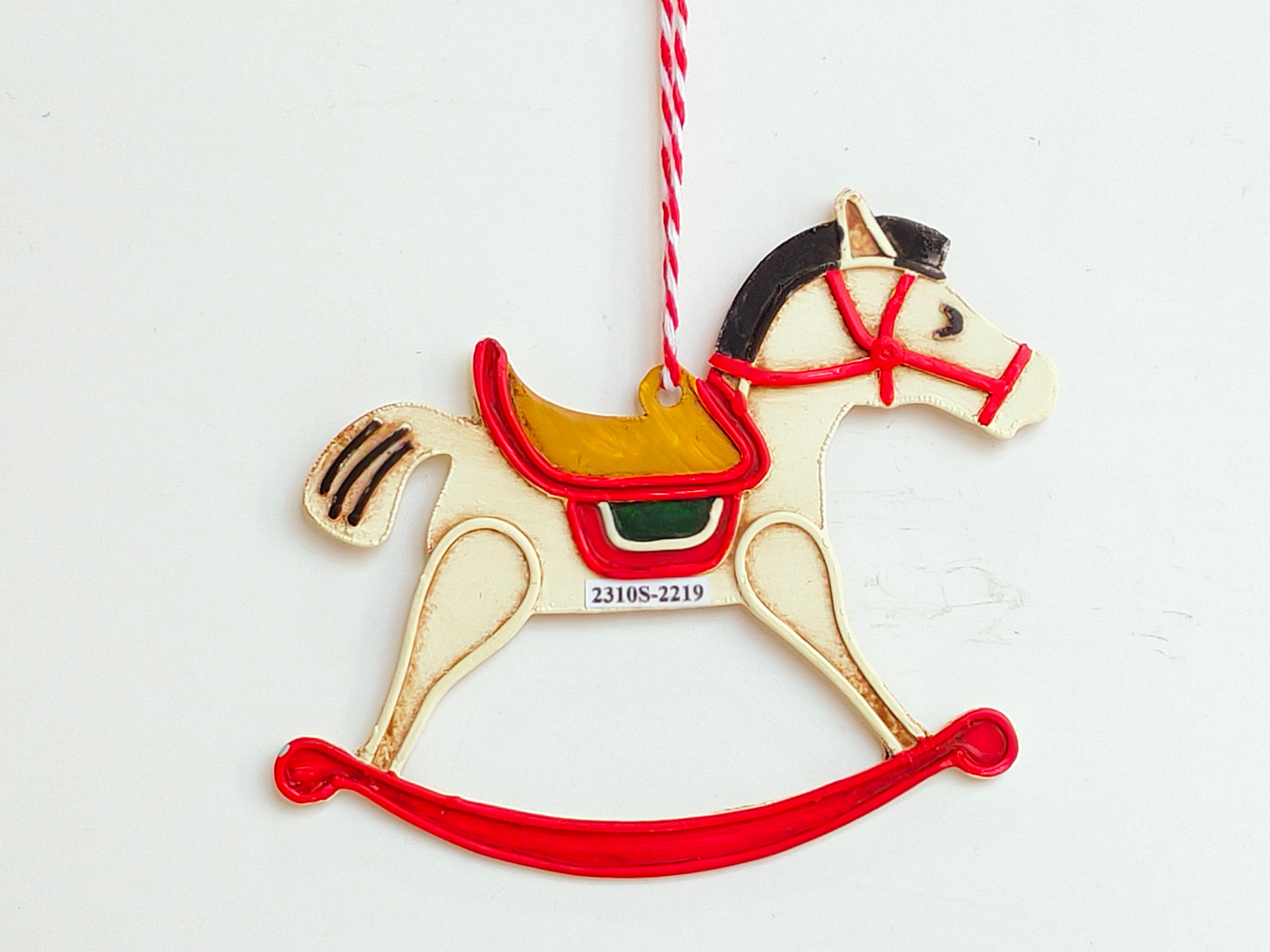 Vintage Metal Rocking Horse Christmas Tree Ornament White/Red
